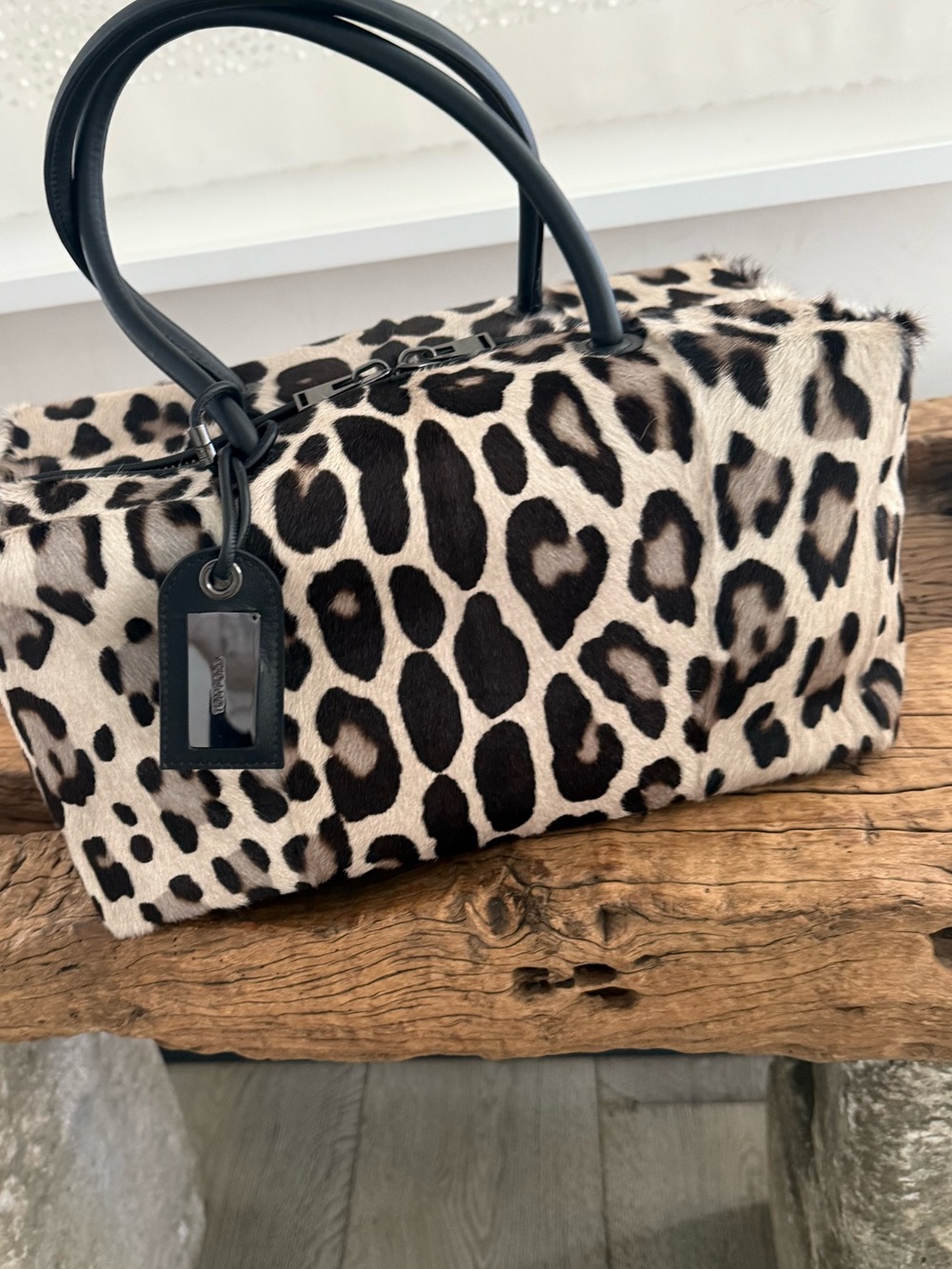 TOM FORD Leopard Print Faux Fur Top-Handle Bag - Black & Cream